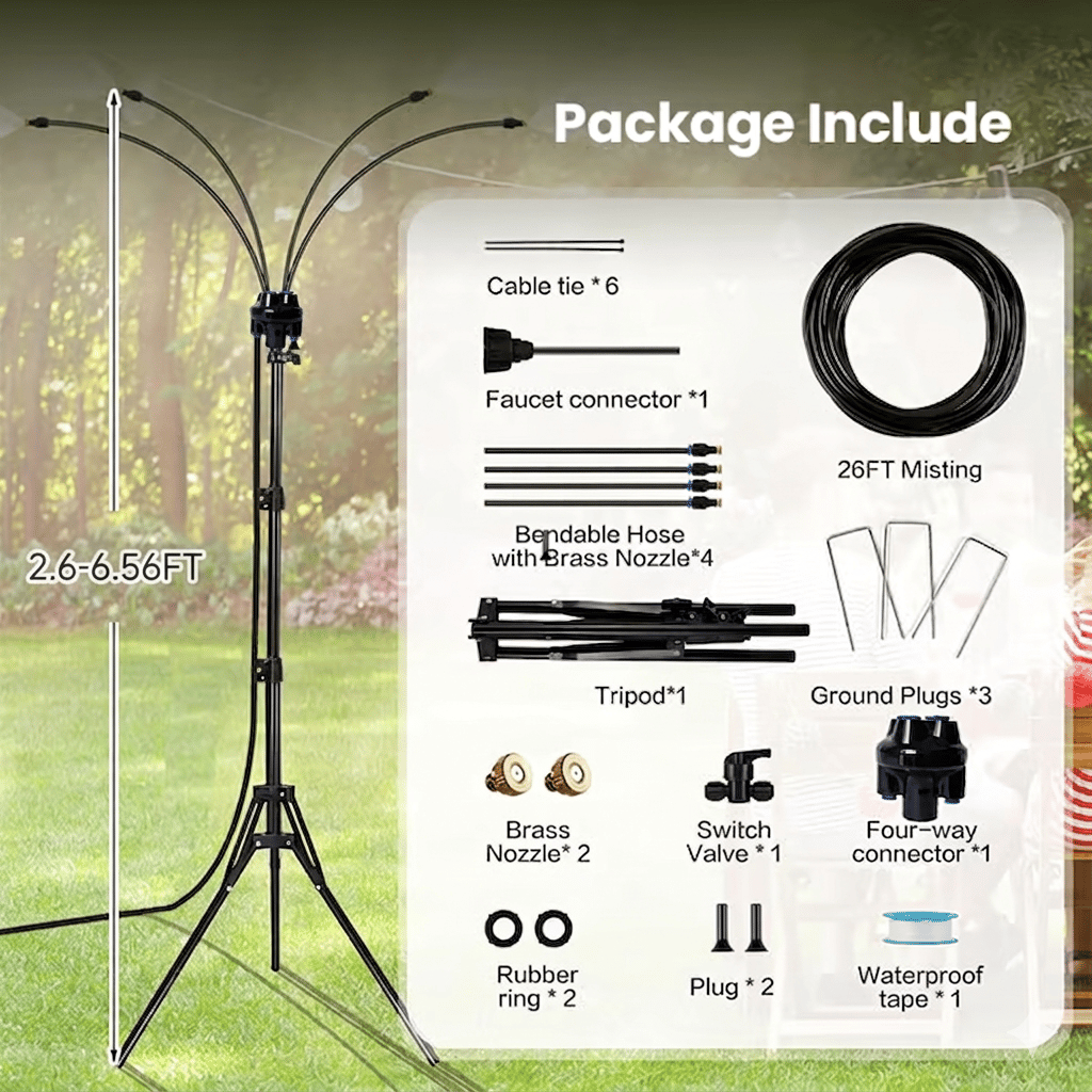 🌡 Portable Misting System: Drop your patio temperature by 20°F instantly without using a single watt of electricity. 🌬️