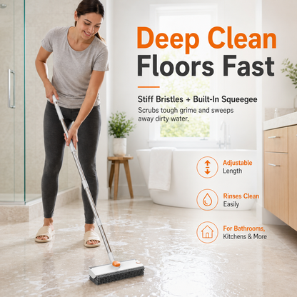 3-in-1 Floor Scrub Bathtub Brush with Long Handle, Double-Sided, Heavy-Duty Stiff Bristles & Squeegee
