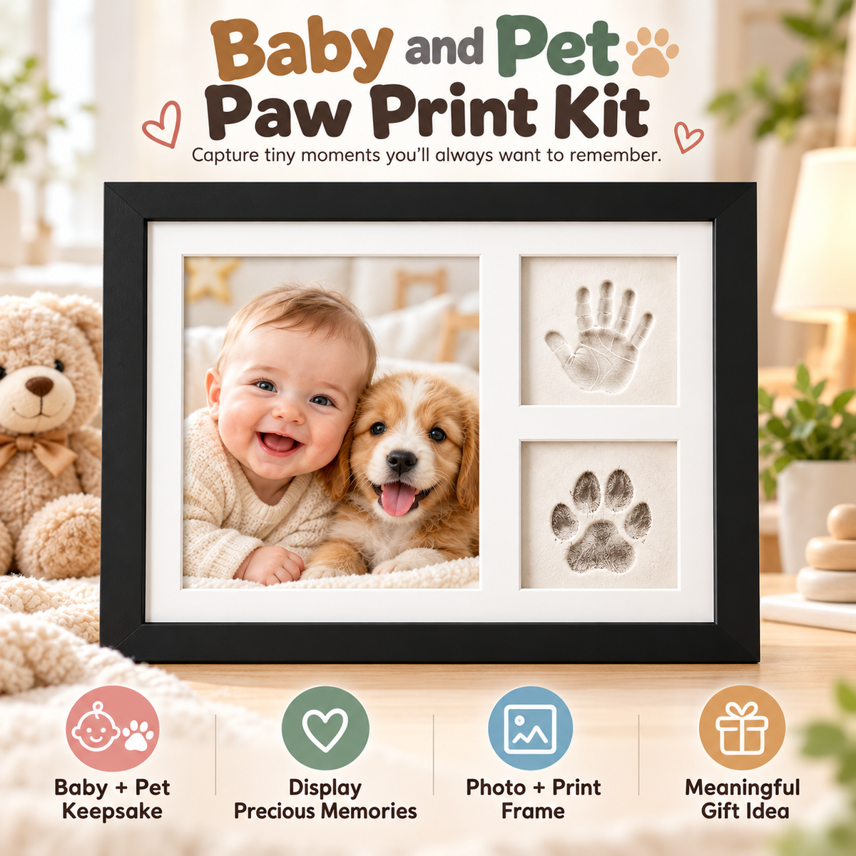 🤍 Tiny Prints Baby & Pet Keepsake Frame – Photo, Handprint & Paw Print Kit