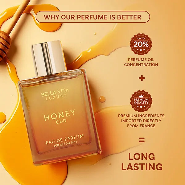 Bellavita Honey Oud Eau De Parfum 100ml (3.4oz) | Unisex Luxury Perfume for Women & Men | Sweet Honey & Smoky Oud | Long-Lasting Arabic Fragrance