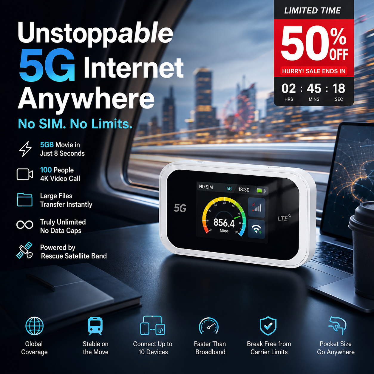 Mobile Hotspot – Portable WiFi, full coverage anywhere. No contract, no setup. Stay connected on the go!