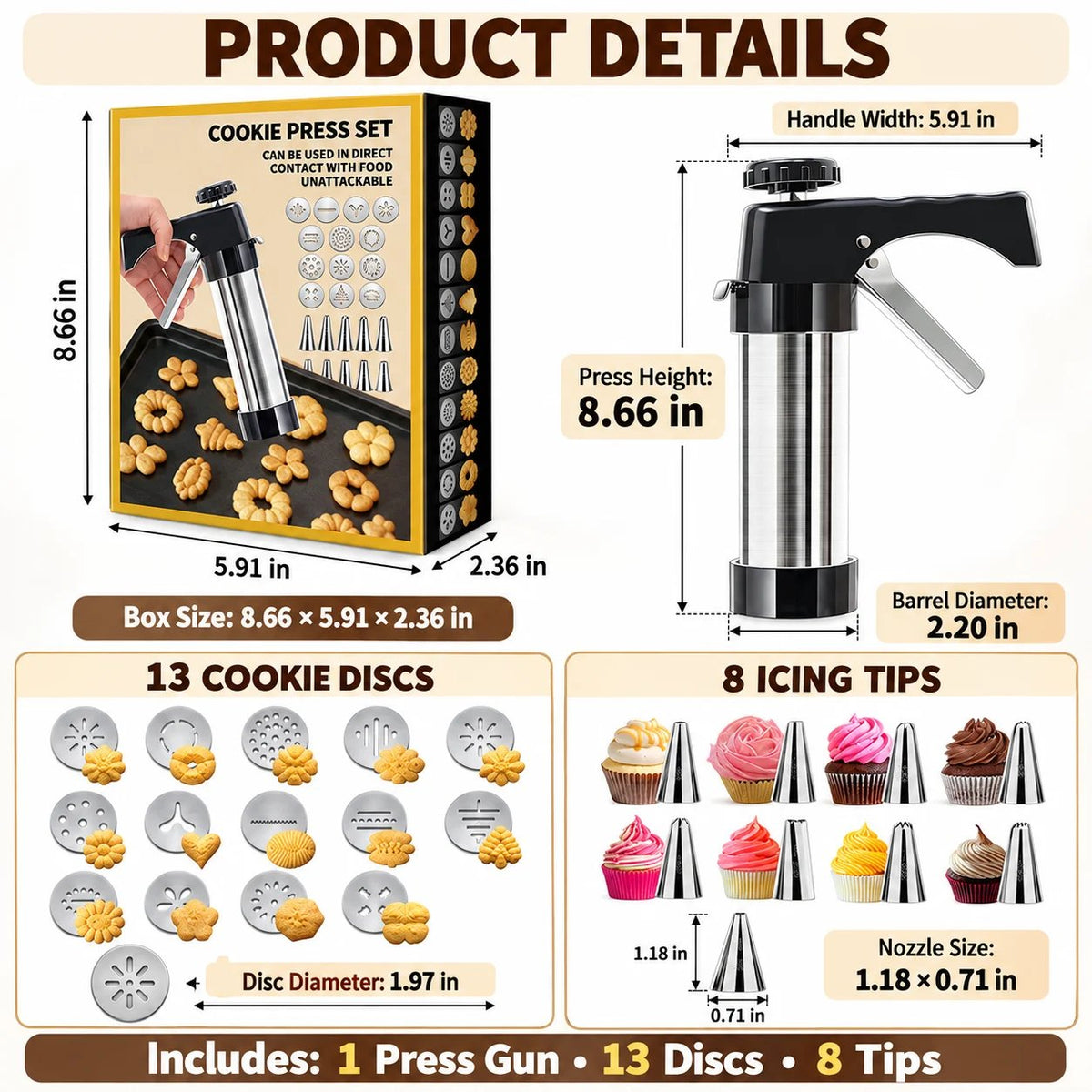 🍪 Stainless Steel Cookie Press & Decorating Kit | 13 Cookie Discs + 8 Icing Tips for Cookies, Cupcakes & Cakes 🧁