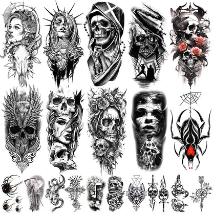 🖤 76 Sheets Large Black Temporary Tattoos – Tribal Wolves, Tigers, Lions, Snakes & Skulls