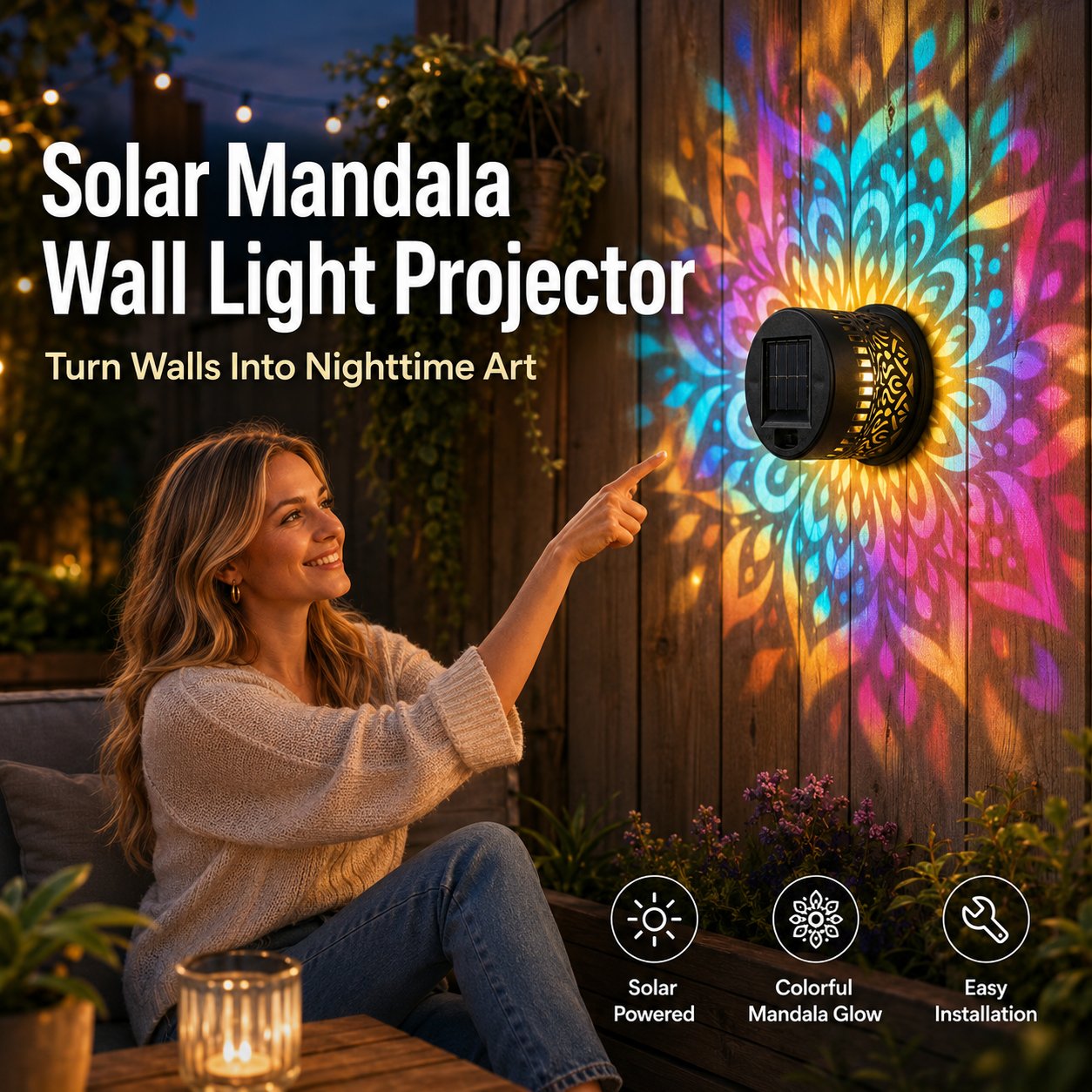 Solar Mandala Wall Light Projector, 16 Color Changing Outdoor Solar Light, Waterproof LED Decorative Light for Patio, Fence, Garden Yard