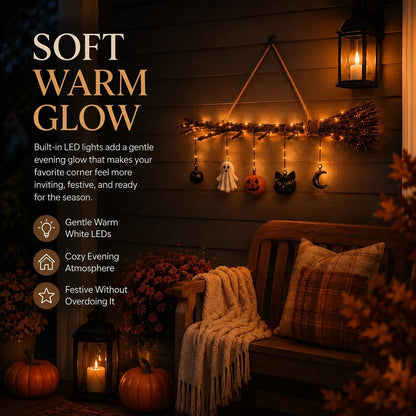 🍂 Rustic Twig Lighted Broom | Handcrafted Fall Wall Hanging with Warm LED Glow & Spooky-Cute Charms 🏡