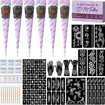 🌸 Henna Tattoo Kit with Stencils – Temporary Body Art Cones for Hands & Creative Designs ✨