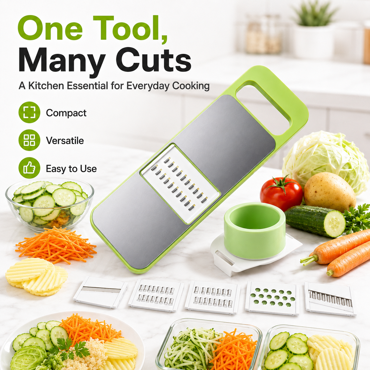 🥕 5-in-1 Multifunction Vegetable Slicer & Grater – Interchangeable Kitchen Food Prep Cutter