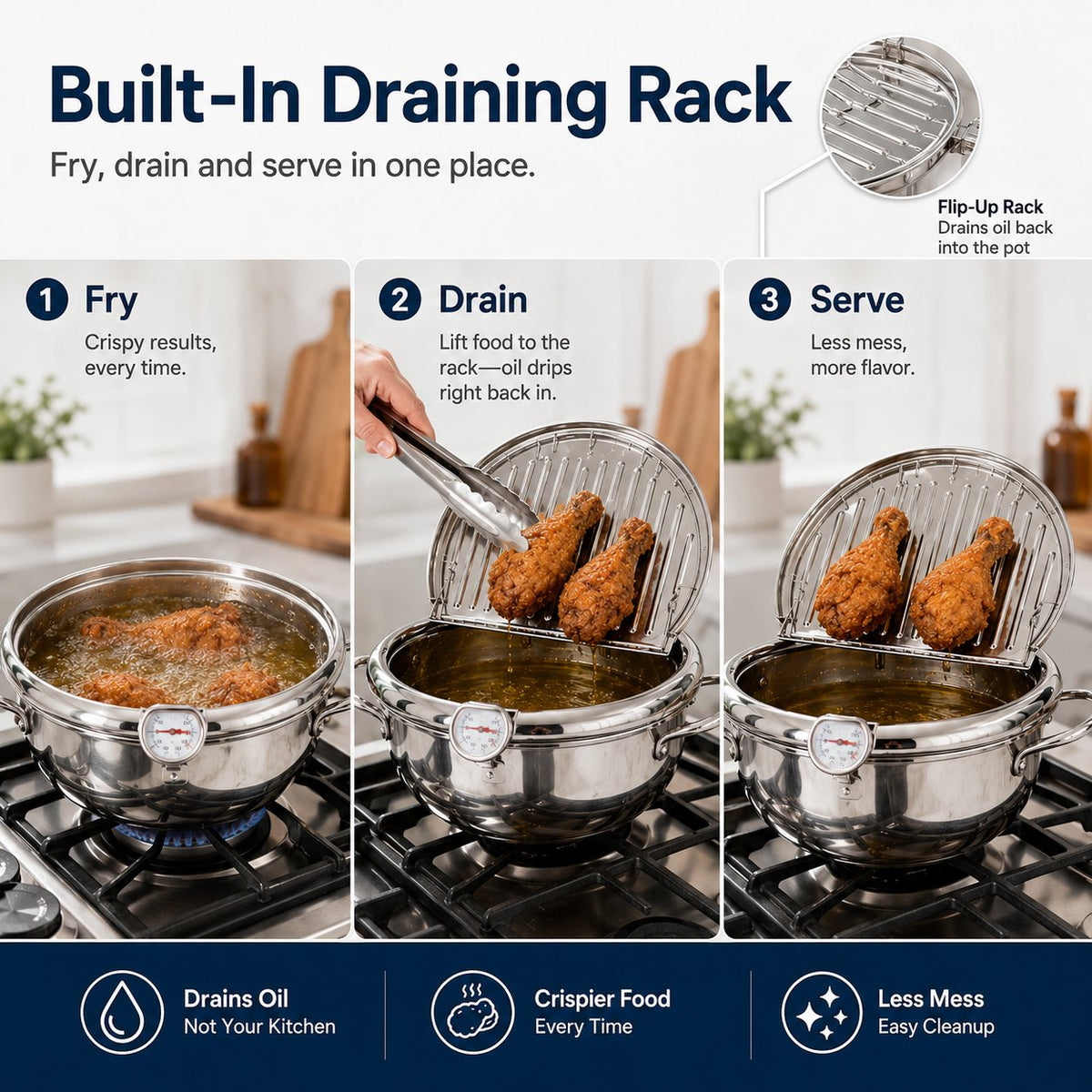 🍟 Stainless Steel Deep Fryer Pot with Thermometer & Frying Basket – Easy Home Frying