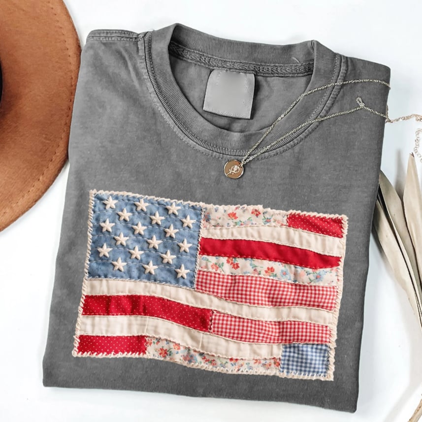 Retro American Flag Shirt, Faux Patchwork USA Tee, Digital Print Shirt, 4th of July Shirt