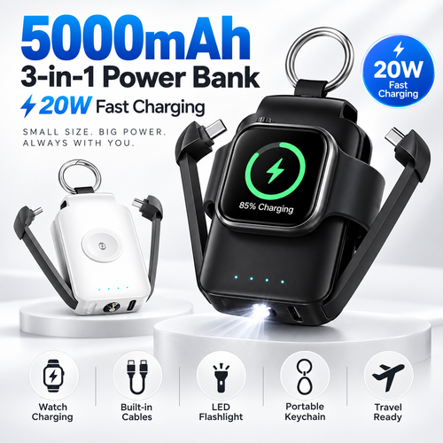 Mini Keychain Power Bank with Built-In Cable, Watch Charger & LED Flashlight
