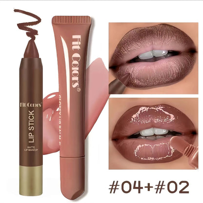 Matte Lip Liner & Moisturizing Lip Oil Set – Hydrating Nude Glossy Lip Kit