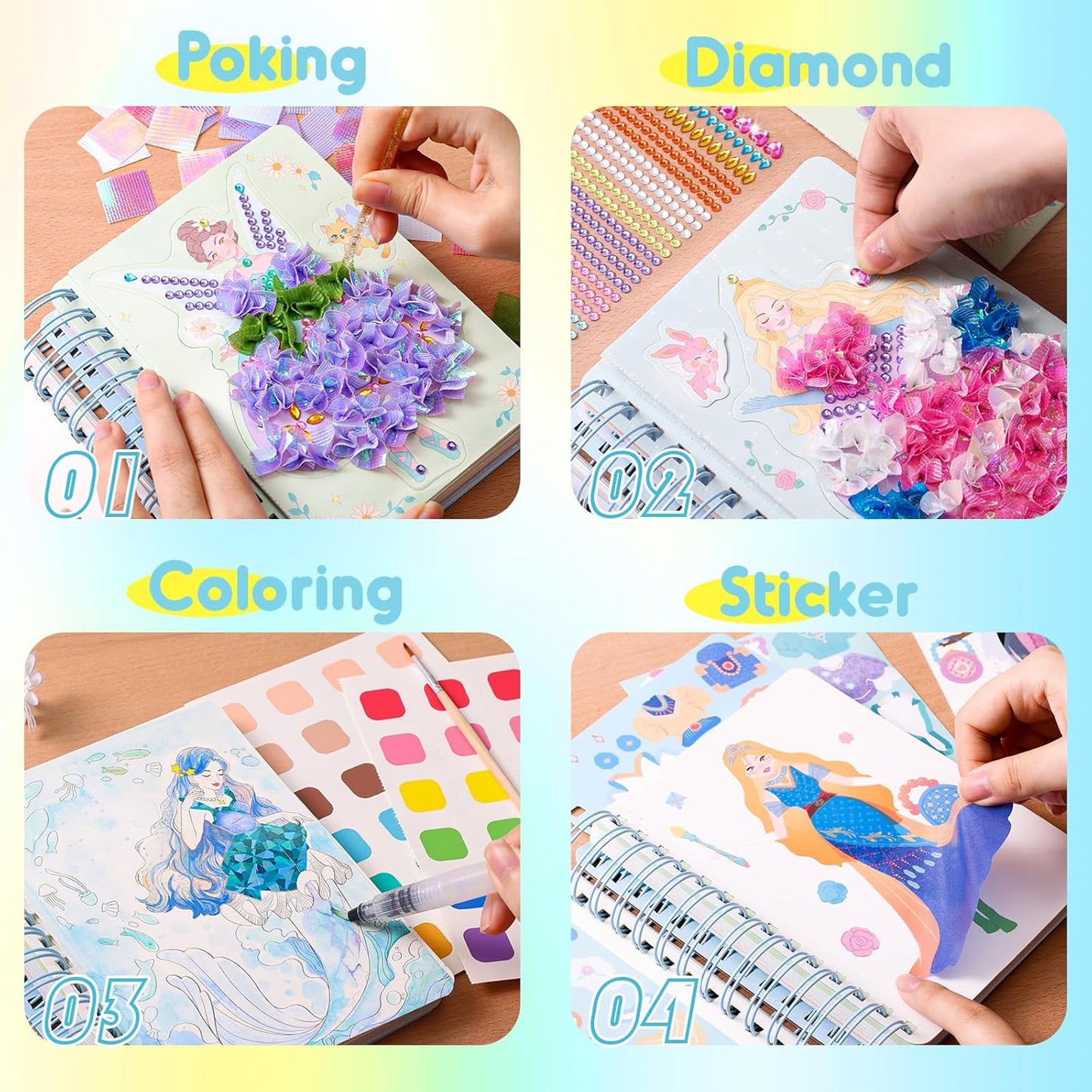 🎨Poke-in 4-in-1 Diamond Painting Kits & Art Magic Princess Craft Kit Stuffers Watercolor DIY Gifts for Girls Handicraft Activities Back to School Embroidery Design Set🎁