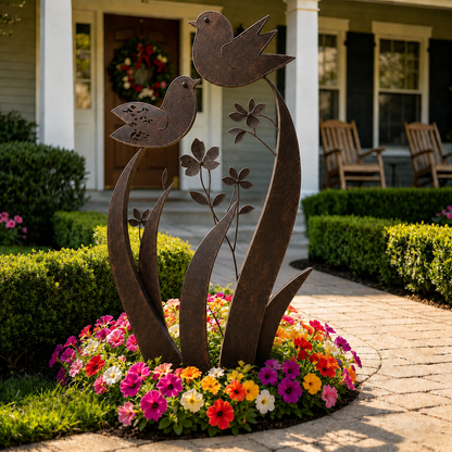 🐦 Bird & Wildflower Metal Garden Stake | Elegant Bird & Floral Garden Accent