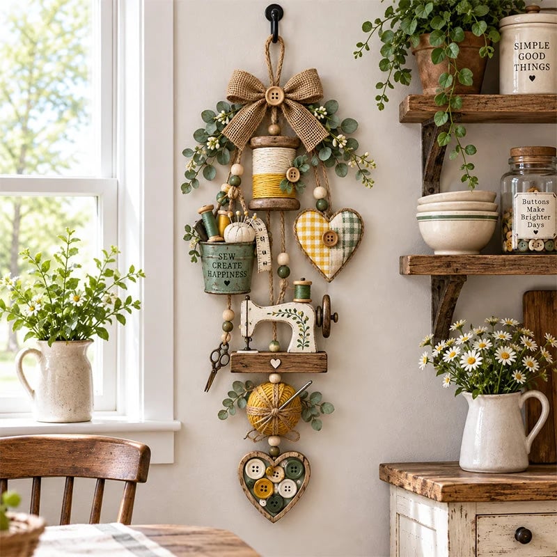 🔥Buy 2 Get 20% OFF🔥🧵✨ Rustic Wooden Sewing - Themed Hanging Ornament with Remote Control Fairy Lights