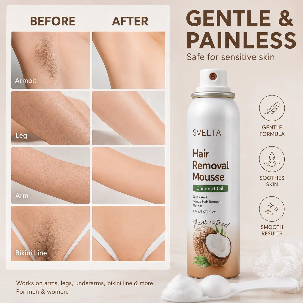 Hair Removal Mousse Kit for Legs, Arms & Underarms