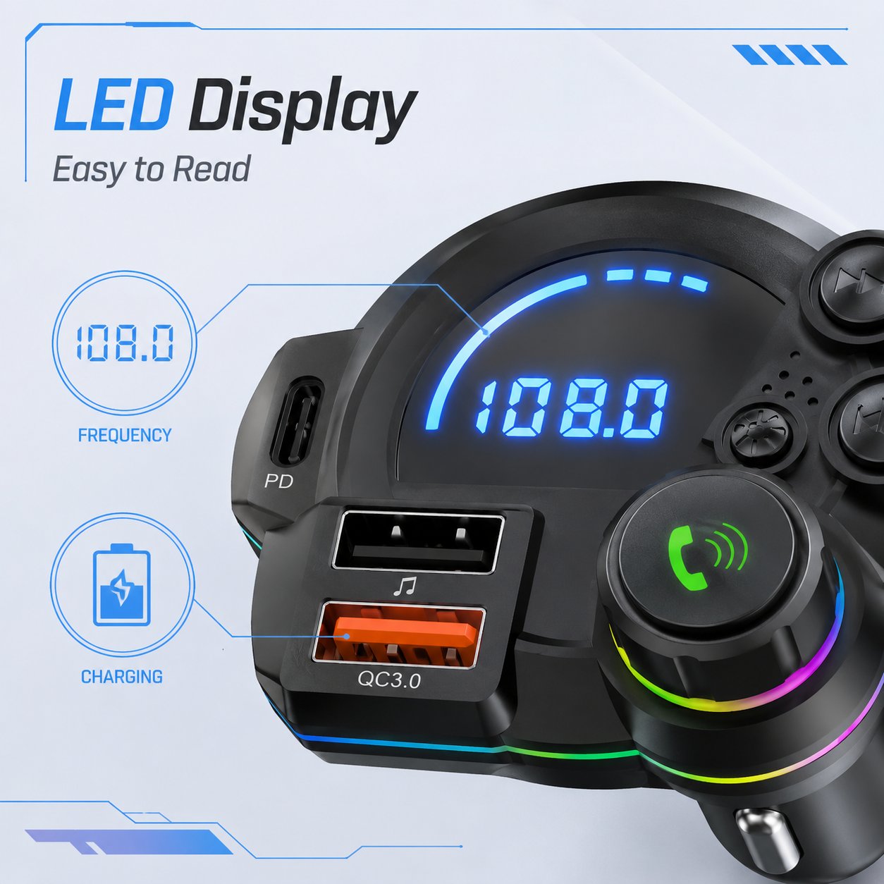 🚗 Bluetooth 5.3 Car FM Transmitter | PD30W+QC3.0 3-Port Fast Charger, RGB Ambient Light for All Vehicles!🎵