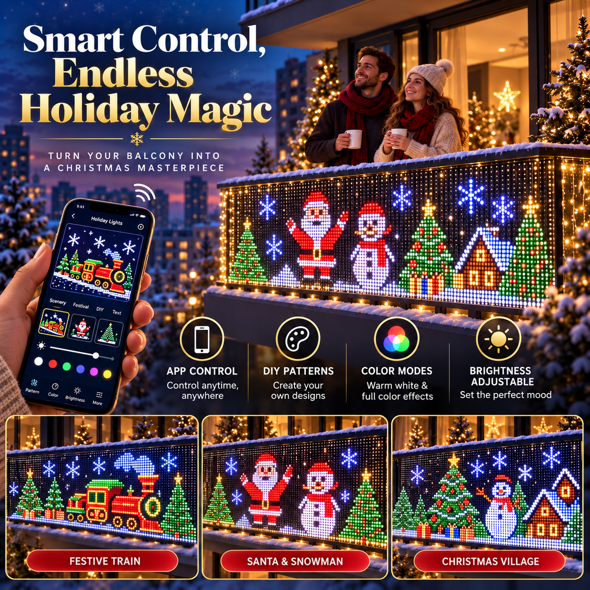 🎉 RGB Pixel Smart Curtain Lights | App Controlled Animated Holiday Lights for Window & Balcony, 2m×1.5m
