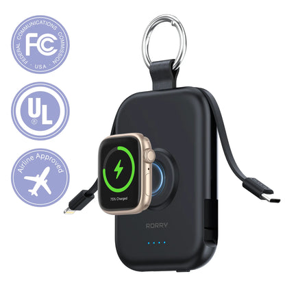 Mini Keychain Power Bank with Built-In Cable, Watch Charger & LED Flashlight