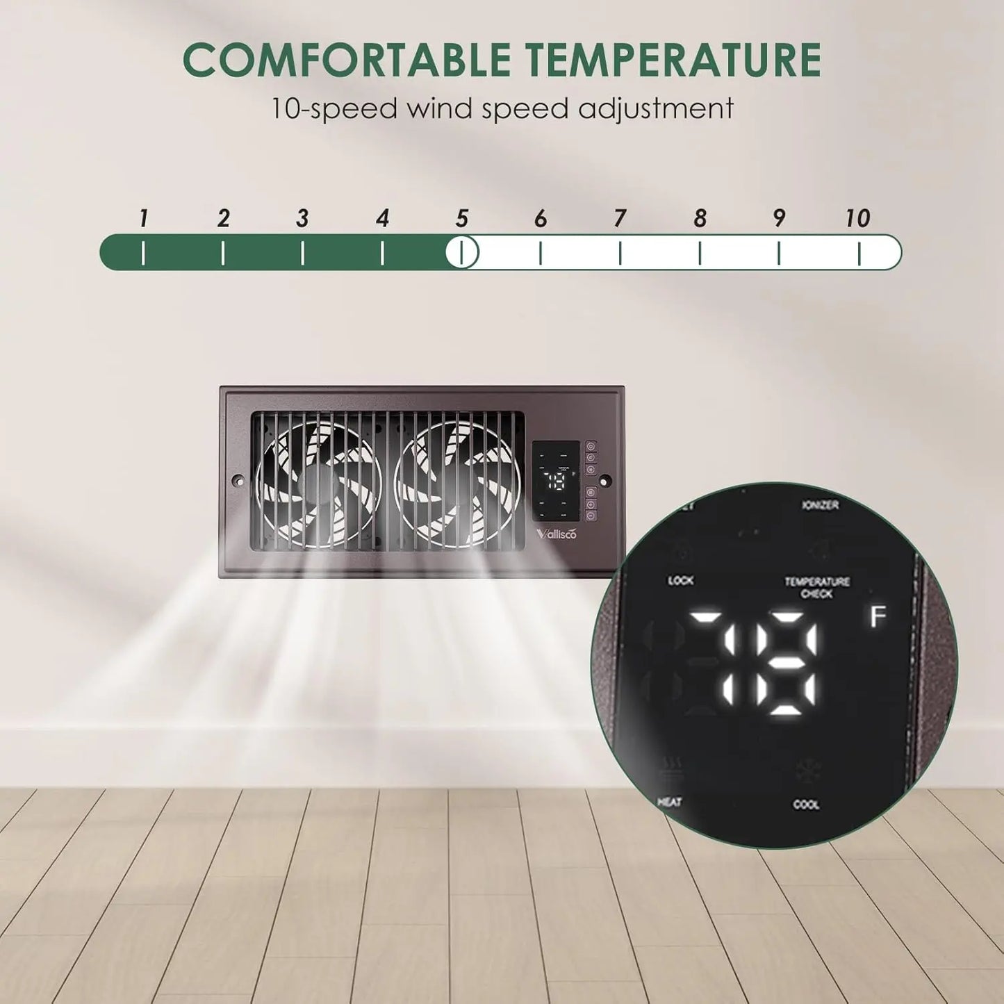 Smart Register Vent Fan with Heating & Cooling Modes, Quiet 18DB Floor Vent Booster Fan with Remote Control, Built-in Ionizer Digital Temperature Display for Home HVAC Vents