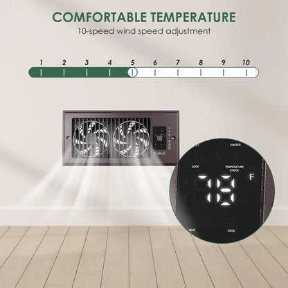 Smart Register Vent Fan with Heating & Cooling Modes, Quiet 18DB Floor Vent Booster Fan with Remote Control, Built-in Ionizer Digital Temperature Display for Home HVAC Vents