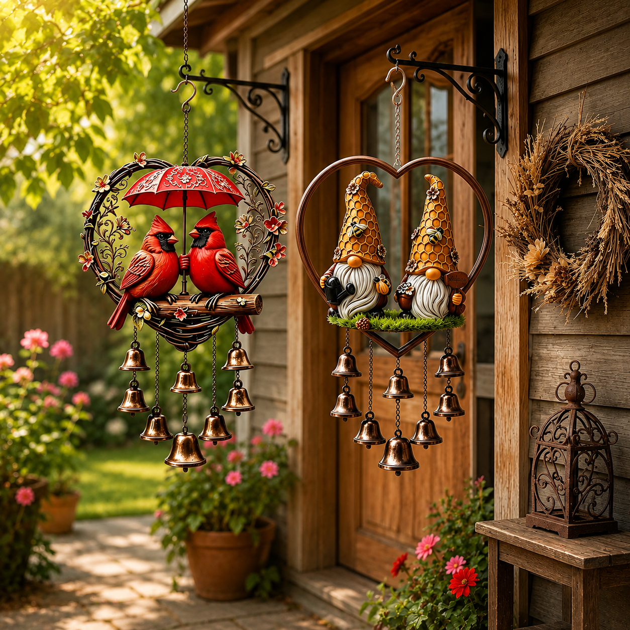 Heart-Shaped Couple Wind Chime – Cardinal & Honeybee Gnome Outdoor Hanging Decor