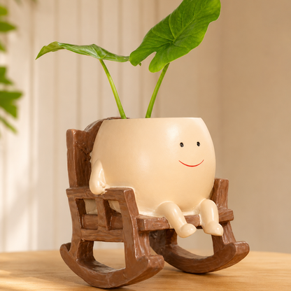 Upgrade Your Plain Boring Plant Pots | Cute Lazy Smile Character Ceramic Succulent Planter with Detachable Wooden Rocking Chair Desk Decor