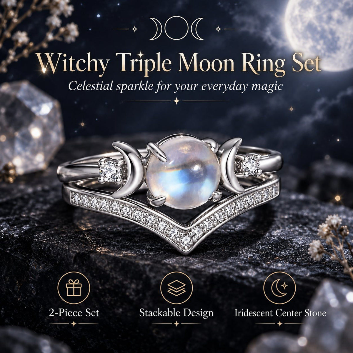 🔮 Enchanted Triple Moon Celestial Ring🌙