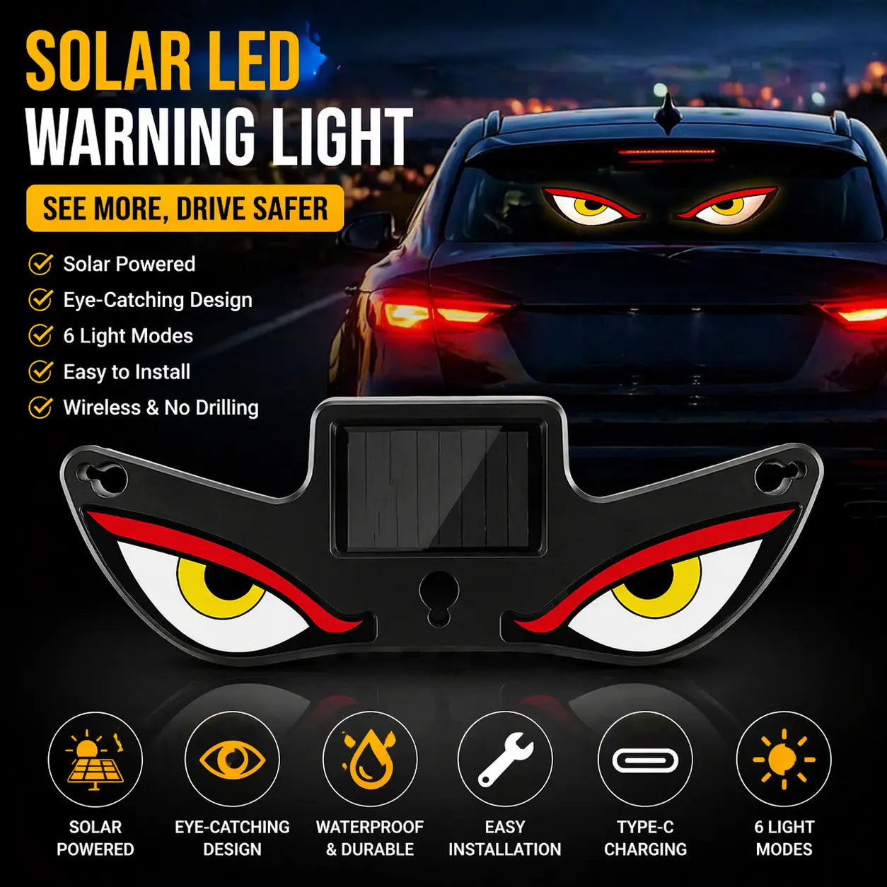 🔥 Solar LED Car Eyes – Flashing Windshield Light