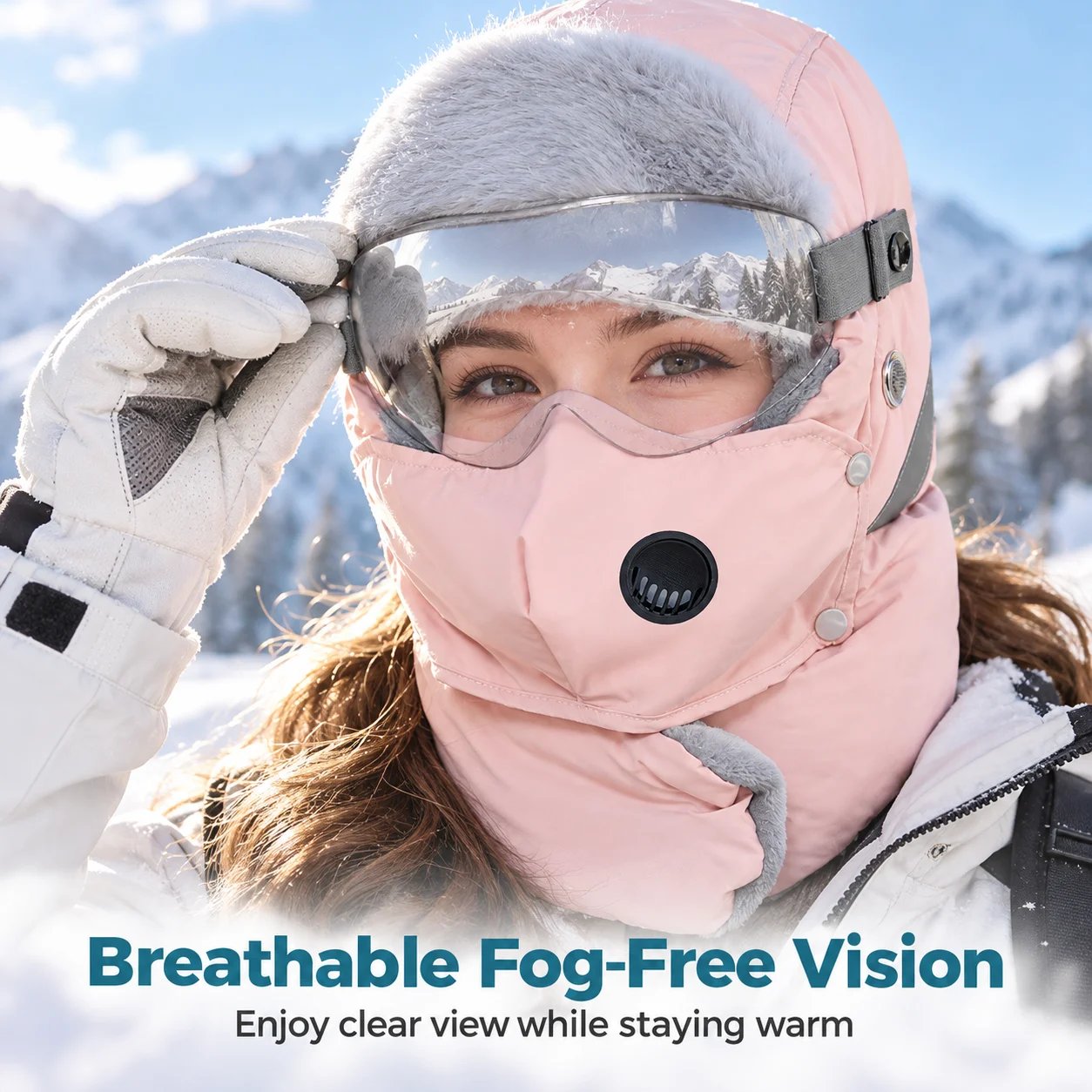 Winter ushanka ventilation and goggle detail image