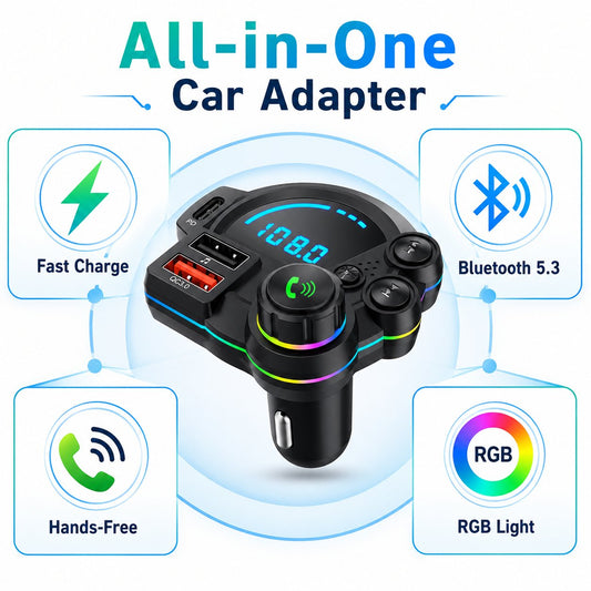 🚗 Bluetooth 5.3 Car FM Transmitter | PD30W+QC3.0 3-Port Fast Charger, RGB Ambient Light for All Vehicles!🎵