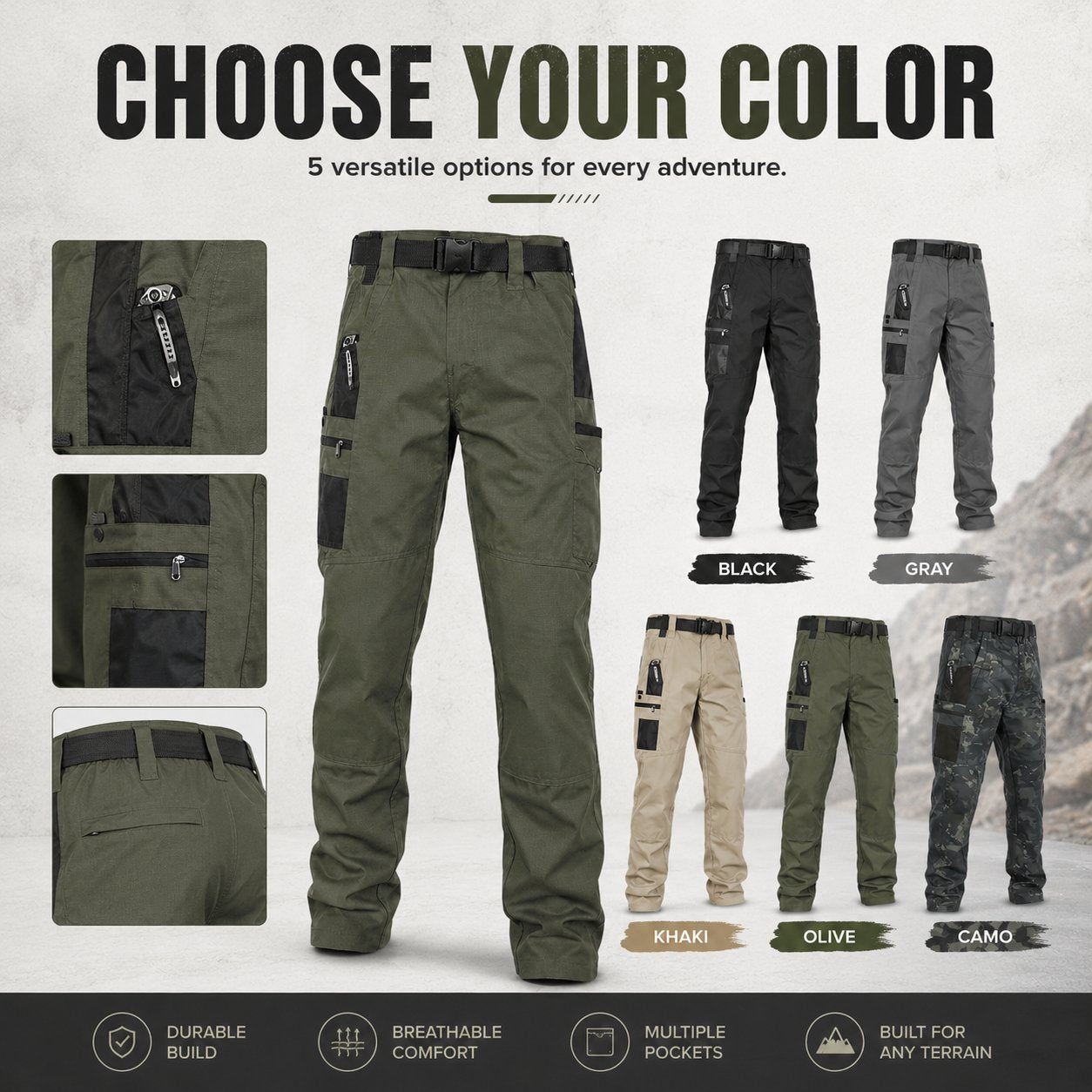🔥Buy 2 Free Shipping👖Men's Solid Color Camouflage Printed Pocket Zipper Waterproof Tactical Work Pants