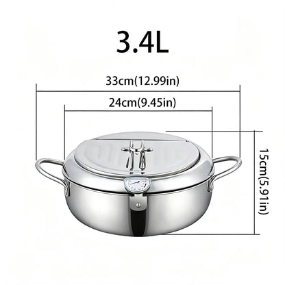 304 Grade Stainless Steel Deep Fryer Pot - Japanese Style, with Thermometer, Oil Drip Drainer Rack, Temp Control, Induction Safe for Gas Stoves, French Fries, Chicken Wings