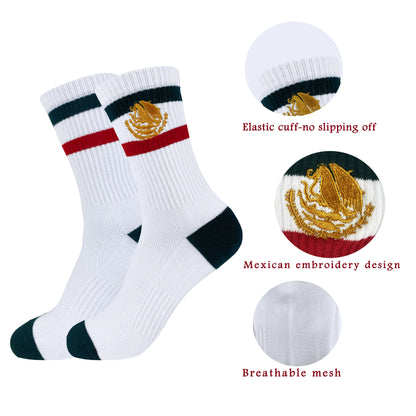 2 Pairs Retro Mexican Pride Crew Socks - Gold Embroidered Striped Streetwear Socks