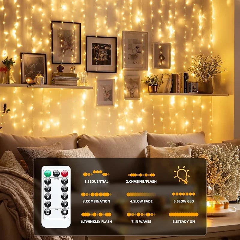 ✨ Remote Controlled LED Curtain Fairy Lights (Not Included Curtain) | 9.8×9.8ft
