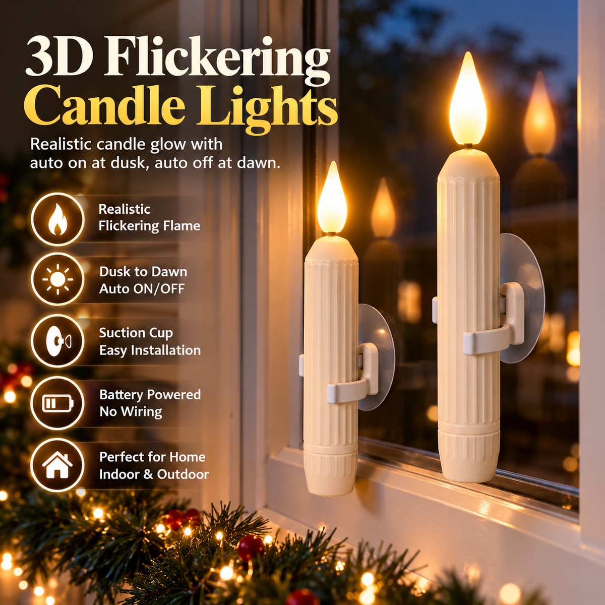 🕯️ 50% OFF Today! 3D Flickering Flameless Window Candle Lights for Cozy Holiday Decor