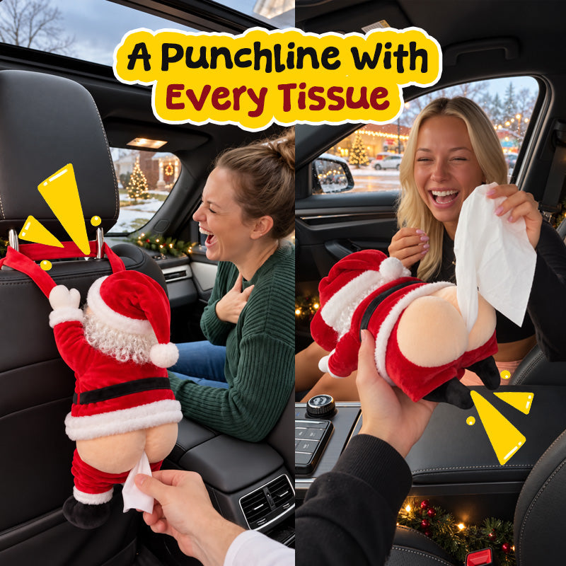 Santa holiday tissue holder showing the humorous rear dispensing point