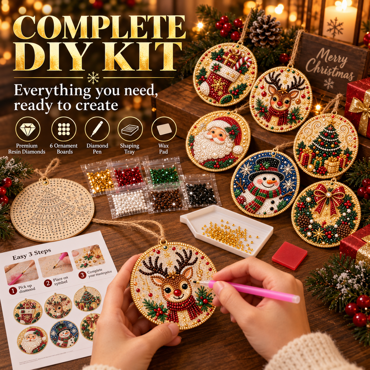 6PCS DIY Christmas Wooden Diamond Art Ornaments Kit 🌟🪵