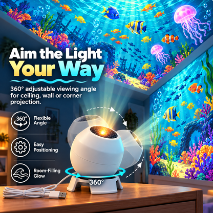 🌊 Ocean Glow Underwater Projection Light – 360° Adjustable USB-Powered Bedroom Mood Projector