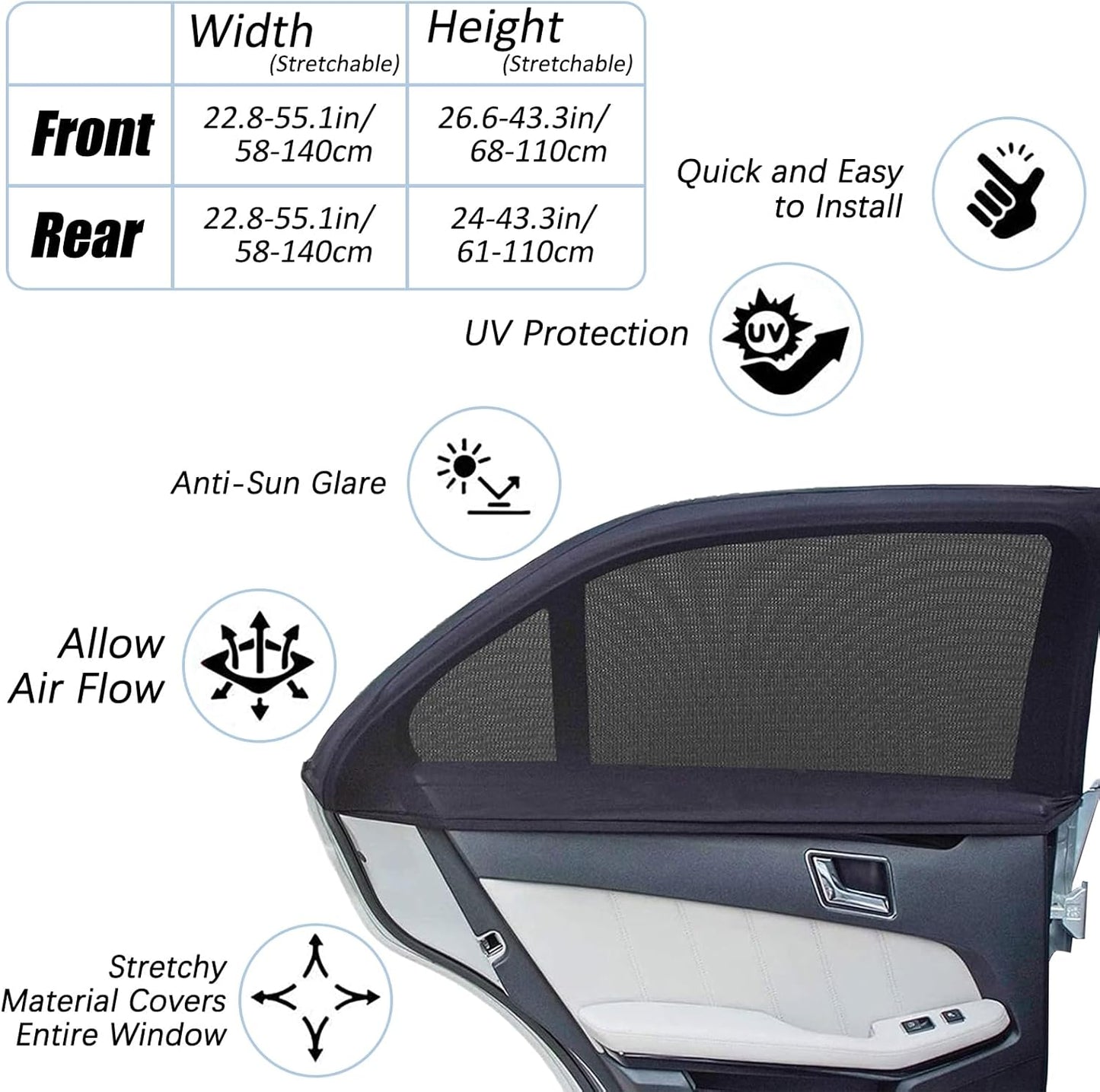Car Window Shades - Highly Elastic Universal Car Side Window Cover, Breathable Mesh Camping Car Sun Shade for Reduce UV Rays, Car Screen Mosquito Net Privacy Protection