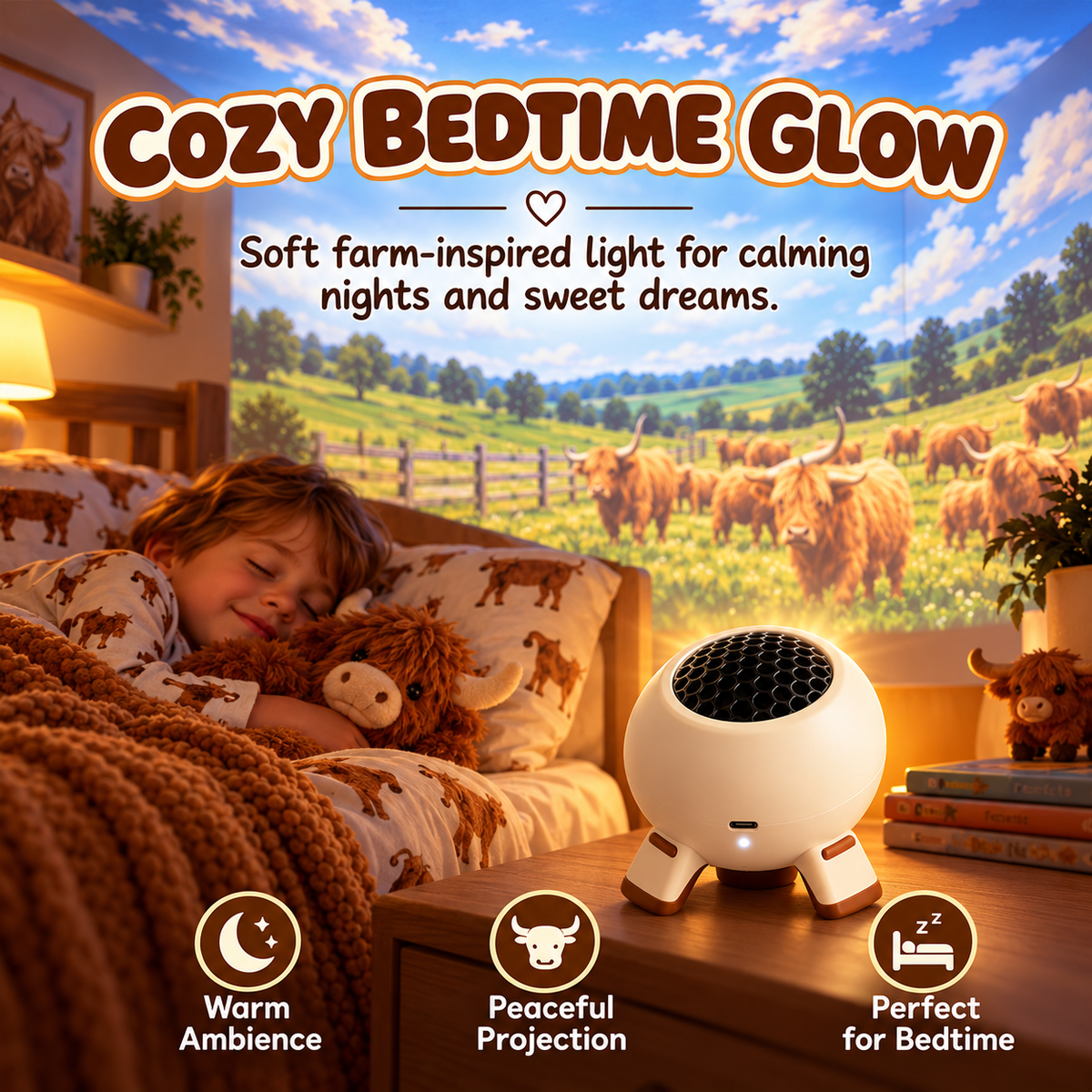 🐮 Highland Cow Dream Projector – Farm-Themed Bedroom Light for Kids, Cozy Bedtime Room Projector