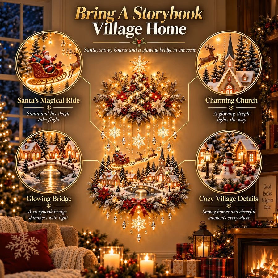 ✨Light-Up Christmas Tree & Village Wall Decor🎄Warm Holiday Glow🌟
