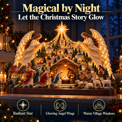 🎄✨ Angels Over Bethlehem™ – Lighted 3D Nativity Mantel Centerpiece with Angel Wings & Star