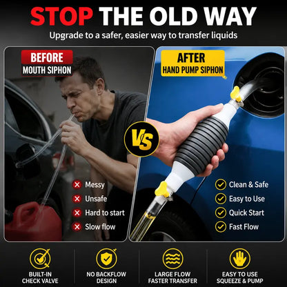 Manual Siphon Pump Kit | Fast Fuel, Water & Oil Transfer Pump with 1M Hose & Hose Clamps for Cars, Boats & Emergency Use