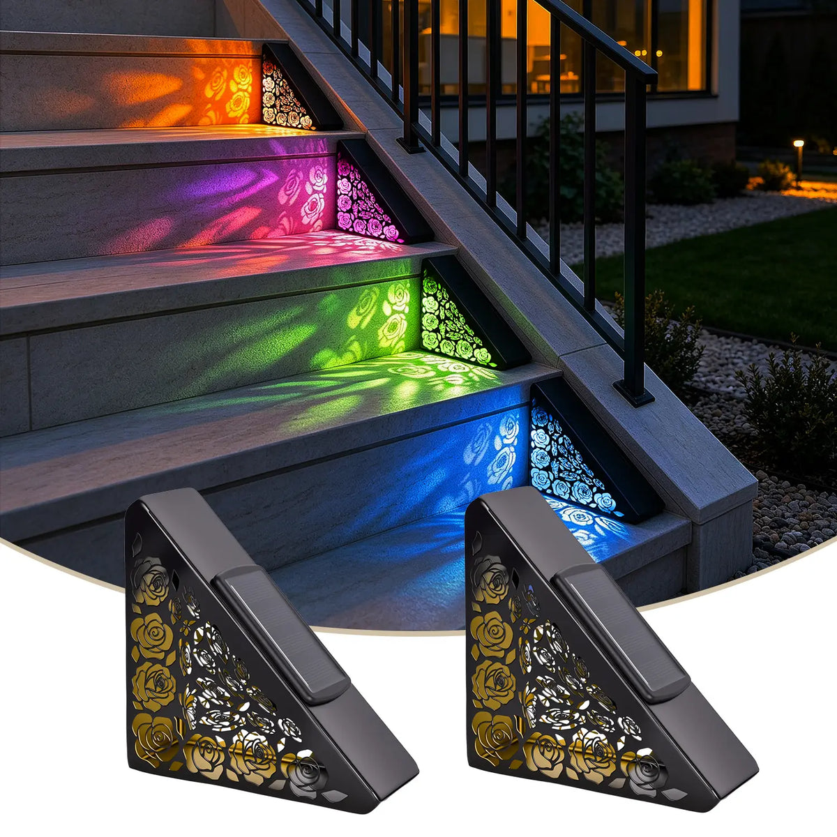 Solar outdoor step lights, IP65 waterproof LED deck/stair lights, color-changing gradient lighting, automatic dusk-to-dawn warm white light, solar-powered.