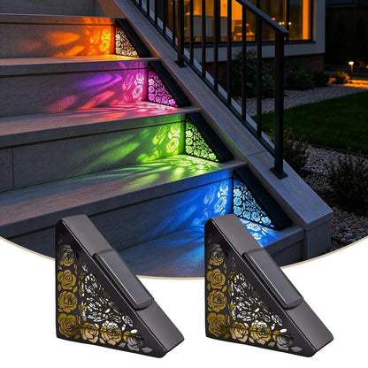 Solar outdoor step lights, IP65 waterproof LED deck/stair lights, color-changing gradient lighting, automatic dusk-to-dawn warm white light, solar-powered.