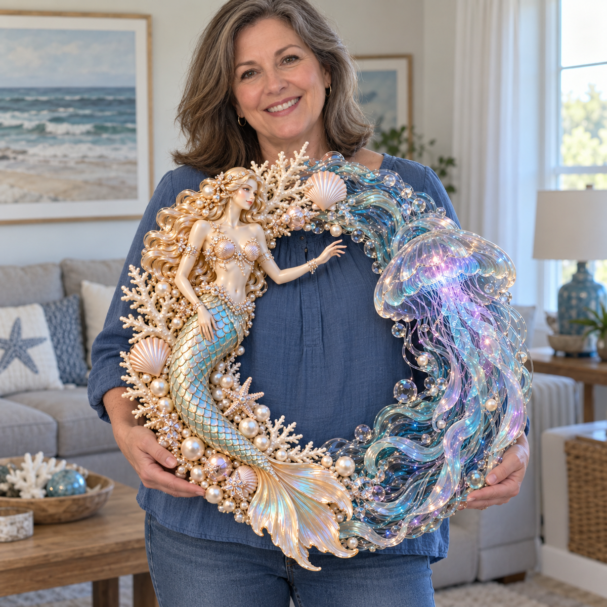 🧜‍♀️🌊 Mermaid Moonlight Wreath | Glowing Jellyfish & Ocean Decor ✨