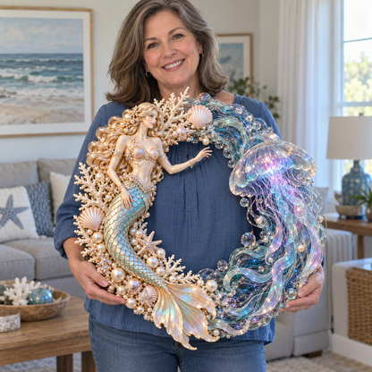🧜‍♀️🌊 Mermaid Moonlight Wreath | Glowing Jellyfish & Ocean Decor ✨