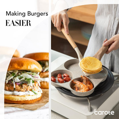 🍳 Multifunctional 4-Hole Pan with Wooden Handle – Perfect for Eggs, Pancakes & Mini Pancakes