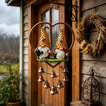 Heart-Shaped Couple Wind Chime – Cardinal & Honeybee Gnome Outdoor Hanging Decor