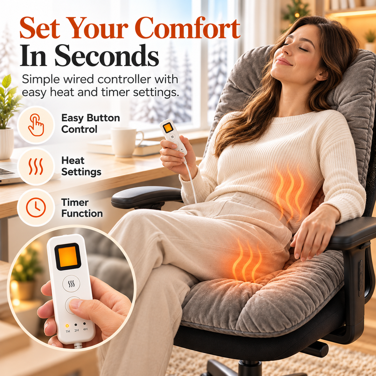 🔥🪑 Cozy Heated Office Chair Cushion ✨ Plush Quilted Seat & Back Warmer with Remote Control ⏱️❄️ Soft Comfort for Home & Office 💖🌈 6 Colors Available!